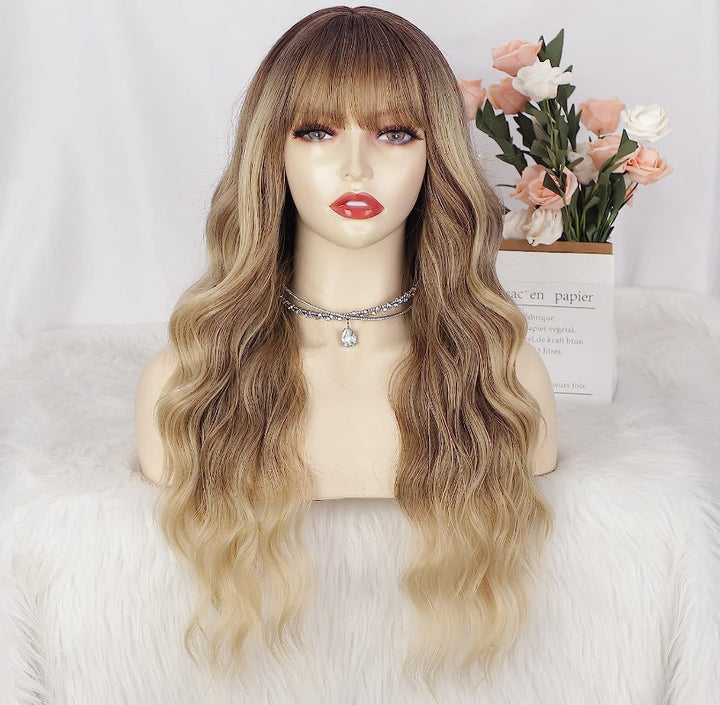 Blonde Platinum Wig Long Curly Synthetic Hair with Bangs Wave Dark Roots