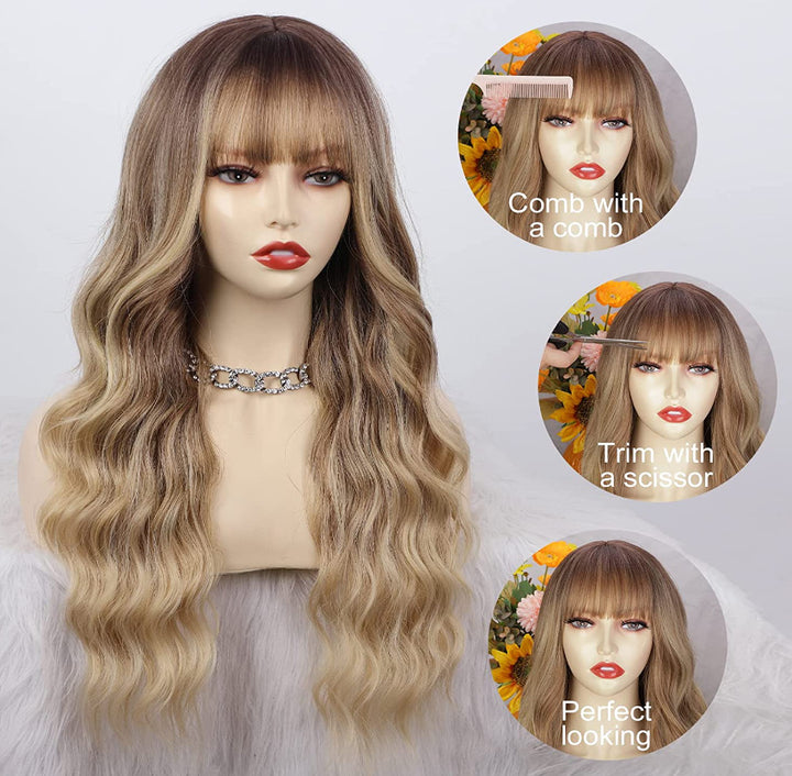 Blonde Platinum Wig Long Curly Synthetic Hair with Bangs Wave Dark Roots